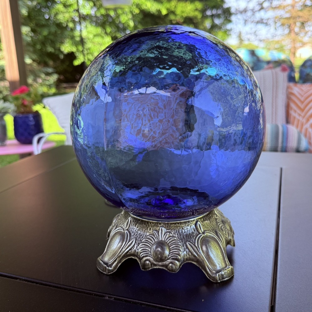 Indoor Outdoor Large Blue Glass Gazing Ball With Metal Stand Whimsical Witch